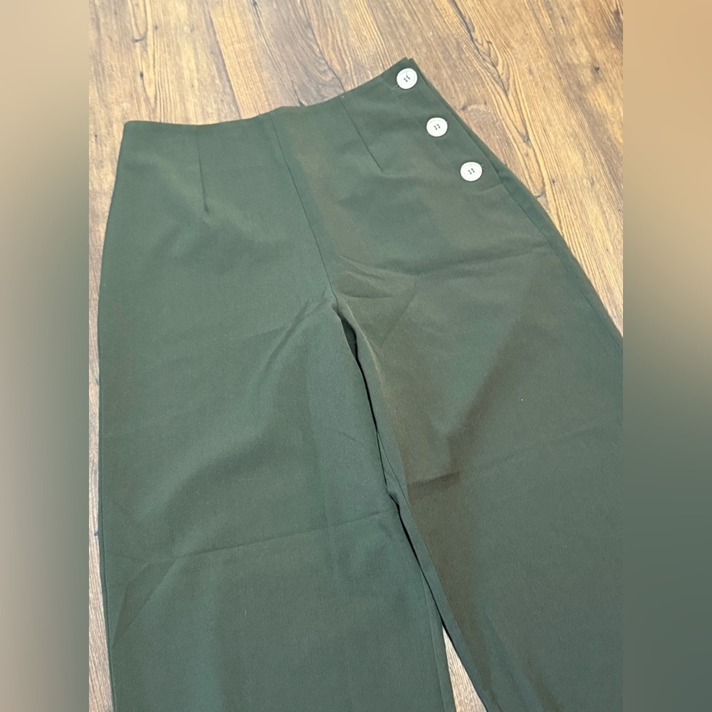 Pretty Retro Women’s Olive Green Sailor Wide Leg Pants Size UK 10 High Waisted - Picture 2 of 8